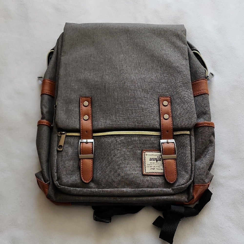 Gray and Brown Canvas Backpack with Leather Accents
